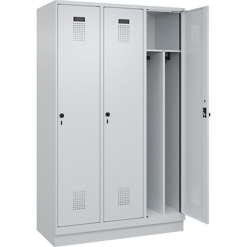 4067521940518 - Schwarz-Weiß-Spind Evolo PLUS schmal 3 Abteile Trennwand verkürzt lichtgrau B 1200 mm mit Bodensockel Sicherheits-Drehriegel kaiserkraft