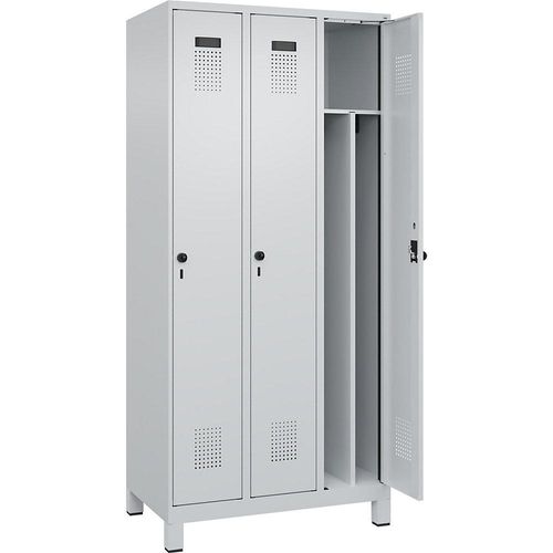 4067521940204 - Schwarz-Weiß-Spind Evolo PLUS schmal 3 Abteile Trennwand verkürzt lichtgrau B 900 mm mit breiten Füßen Sicherheits-Drehriegel kaiserkraft