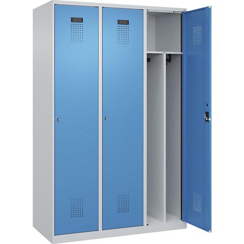 4067521975084 - Schwarz-Weiß-Spind Evolo PLUS schmal 3 Abteile Trennwand verkürzt lichtgrau   lichtblau B 1200 mm mit Bodengleitern Zylinderschloss kaiserkraft