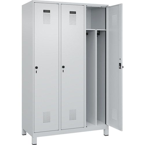 4067521940228 - Schwarz-Weiß-Spind Evolo PLUS schmal 3 Abteile Trennwand verkürzt lichtgrau B 1200 mm mit breiten Füßen Sicherheits-Drehriegel kaiserkraft 4067521940228 - Schwarz-Weiß-Spind Evolo PLUS schmal 3 Abteile Trennwand verkürzt lichtgrau B 1200 mm mit breiten Füßen Sicherheits-Drehriegel kaiserkraft