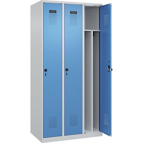 4067521932902 - Schwarz-Weiß-Spind Evolo PLUS schmal 3 Abteile Trennwand verkürzt lichtgrau   lichtblau B 900 mm mit Bodengleitern Sicherheits-Drehriegel kaiserkraft