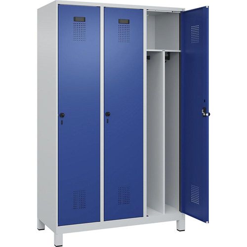 4067521932032 - Schwarz-Weiß-Spind Evolo PLUS schmal 3 Abteile Trennwand verkürzt lichtgrau   enzianblau B 1200 mm mit breiten Füßen Sicherheits-Drehriegel kaiserkraft