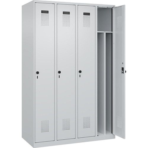 4067521939963 - Schwarz-Weiß-Spind Evolo PLUS schmal 4 Abteile Trennwand verkürzt lichtgrau B 1200 mm mit Bodengleitern Sicherheits-Drehriegel kaiserkraft