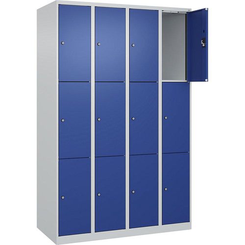 4068192007982 - 3er-Schließfachschrank Evolo PLUS 4 Abteile lichtgrau   enzianblau B 1200 mm 12 Fächer mit Bodengleitern Zylinderschloss kaiserkraft
