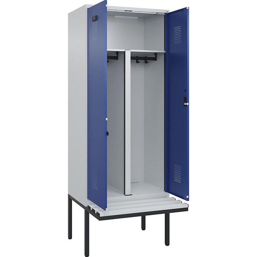 4068192388999 - Schwarz-Weiß-Spind Evolo PLUS Sitzbank 2 Abteile Trennwand verkürzt lichtgrau   enzianblau B 800 mm Zylinderschloss mit auskragender Sitzbank Kunststoff kaiserkraft