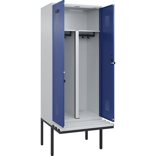 4068192358015 - Schwarz-Weiß-Spind Evolo PLUS Sitzbank 2 Abteile Trennwand verkürzt lichtgrau   enzianblau B 800 mm Sicherheits-Drehriegel mit auskragender Sitzbank Kunststoff kaiserkraft