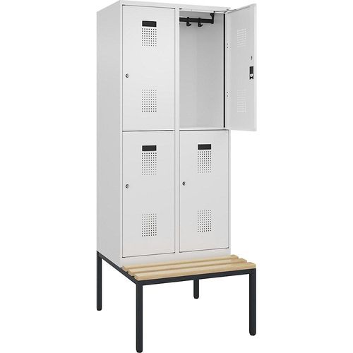 4068192302100 - Doppelstock-Spind Evolo PLUS Sitzbank 2 Abteile weiß B 800 mm Zylinderschloss mit untergebauter Sitzbank Buche kaiserkraft