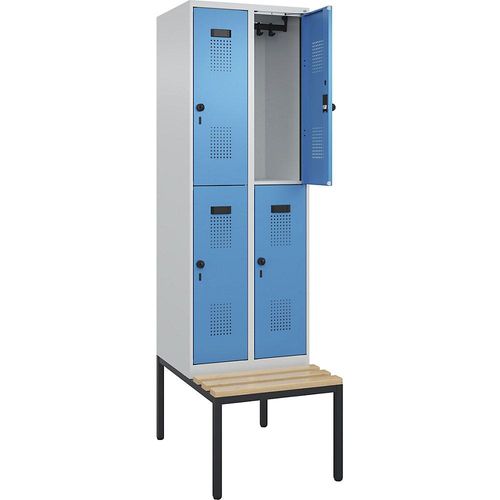 4068192156680 - Doppelstock-Spind Evolo PLUS Sitzbank 2 Abteile lichtgrau   lichtblau B 600 mm Sicherheits-Drehriegel mit untergebauter Sitzbank Buche kaiserkraft