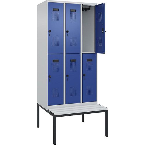 4068192357070 - Doppelstock-Spind Evolo PLUS Sitzbank 3 Abteile lichtgrau   enzianblau B 900 mm Sicherheits-Drehriegel mit untergebauter Sitzbank Kunststoff kaiserkraft