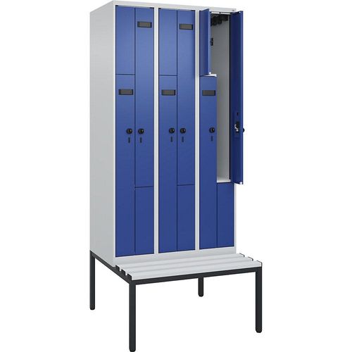 4068427111613 - Z-Spind Evolo PLUS Sitzbank 3 Abteile lichtgrau   enzianblau B 900 mm Sicherheits-Drehriegel mit untergebauter Sitzbank Kunststoff kaiserkraft