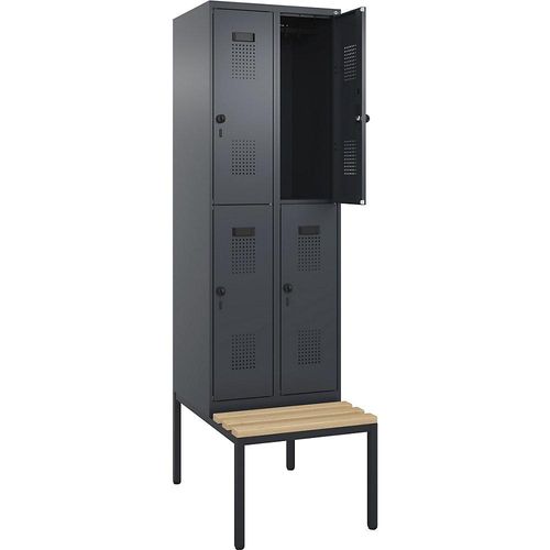 4068192200451 - Doppelstock-Spind Evolo PLUS Sitzbank 2 Abteile grau B 600 mm Sicherheits-Drehriegel mit untergebauter Sitzbank Buche kaiserkraft