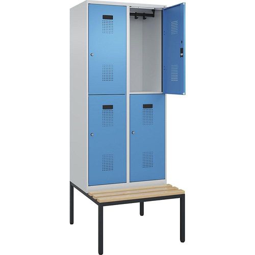 4068192262497 - Doppelstock-Spind Evolo PLUS Sitzbank 2 Abteile lichtgrau   lichtblau B 800 mm Zylinderschloss mit untergebauter Sitzbank Buche kaiserkraft