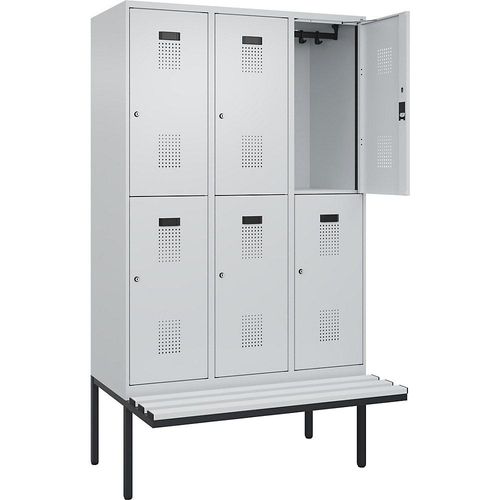 4068192396062 - Doppelstock-Spind Evolo PLUS Sitzbank 3 Abteile lichtgrau   lichtgrau B 1200 mm Zylinderschloss mit auskragender Sitzbank Kunststoff kaiserkraft