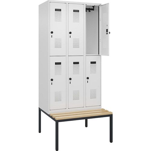 4068192217770 - Doppelstock-Spind Evolo PLUS Sitzbank 3 Abteile weiß B 900 mm Sicherheits-Drehriegel mit untergebauter Sitzbank Buche kaiserkraft