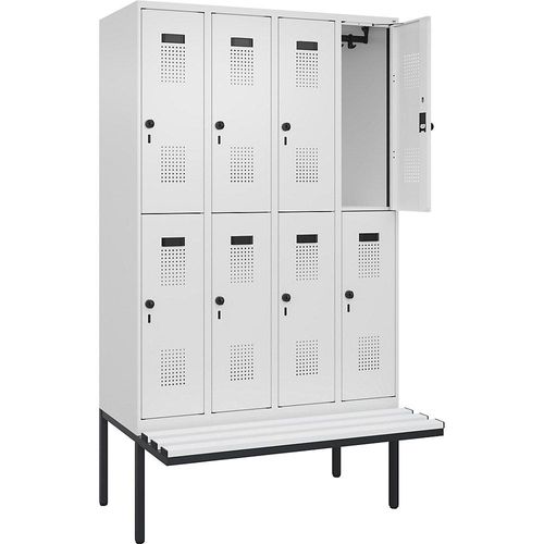 4068192373322 - Doppelstock-Spind Evolo PLUS Sitzbank 4 Abteile weiß B 1200 mm Sicherheits-Drehriegel mit auskragender Sitzbank Kunststoff kaiserkraft 4068192373322 - Doppelstock-Spind Evolo PLUS Sitzbank 4 Abteile weiß B 1200 mm Sicherheits-Drehriegel mit auskragender Sitzbank Kunststoff kaiserkraft