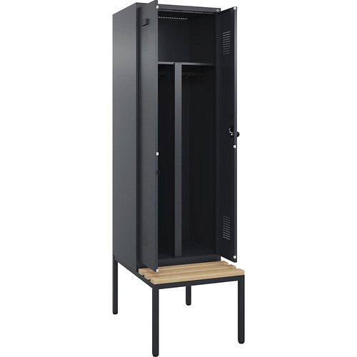 4068192201328 - Schwarz-Weiß-Spind Evolo PLUS Sitzbank 2 Abteile Trennwand verkürzt grau B 600 mm Sicherheits-Drehriegel mit untergebauter Sitzbank Buche kaiserkraft