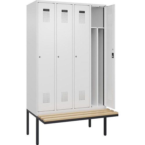 4068192302698 - Schwarz-Weiß-Spind Evolo PLUS Sitzbank schmal 4 Abteile Trennwand verkürzt weiß B 1200 mm Zylinderschloss mit auskragender Sitzbank Buche kaiserkraft 4068192302698 - Schwarz-Weiß-Spind Evolo PLUS Sitzbank schmal 4 Abteile Trennwand verkürzt weiß B 1200 mm Zylinderschloss mit auskragender Sitzbank Buche kaiserkraft