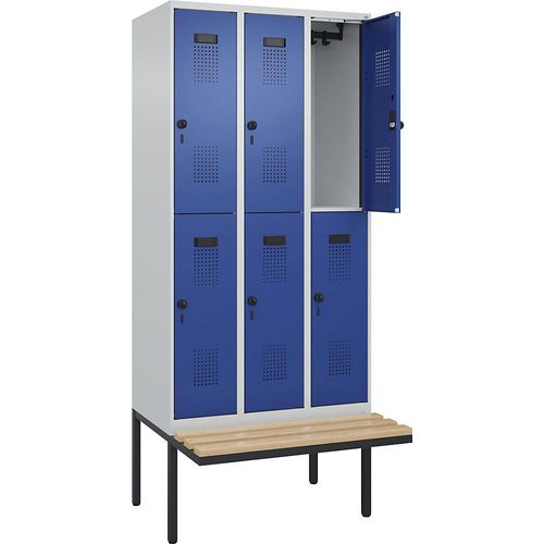4068192155874 - Doppelstock-Spind Evolo PLUS Sitzbank 3 Abteile lichtgrau   enzianblau B 900 mm Sicherheits-Drehriegel mit auskragender Sitzbank Buche kaiserkraft
