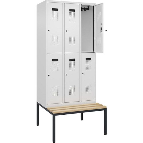 4068192302049 - Doppelstock-Spind Evolo PLUS Sitzbank 3 Abteile weiß B 900 mm Zylinderschloss mit untergebauter Sitzbank Buche kaiserkraft