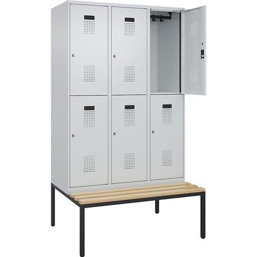 4068192282099 - Doppelstock-Spind Evolo PLUS Sitzbank 3 Abteile lichtgrau   lichtgrau B 1200 mm Zylinderschloss mit untergebauter Sitzbank Buche kaiserkraft