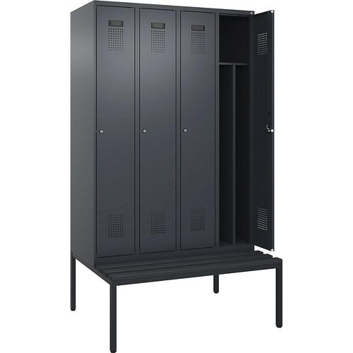 4068192399636 - Schwarz-Weiß-Spind Evolo PLUS Sitzbank schmal 4 Abteile Trennwand verkürzt grau B 1200 mm Zylinderschloss mit untergebauter Sitzbank Kunststoff kaiserkraft