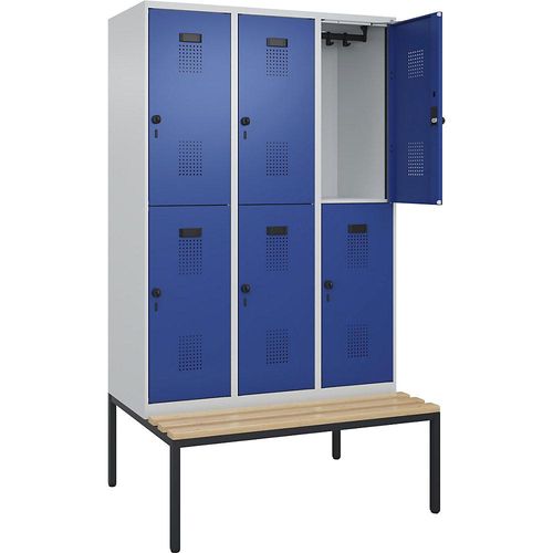 4068192155461 - Doppelstock-Spind Evolo PLUS Sitzbank 3 Abteile lichtgrau   enzianblau B 1200 mm Sicherheits-Drehriegel mit untergebauter Sitzbank Buche kaiserkraft