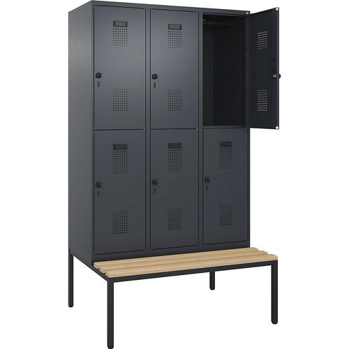 4068192200536 - Doppelstock-Spind Evolo PLUS Sitzbank 3 Abteile grau B 1200 mm Sicherheits-Drehriegel mit untergebauter Sitzbank Buche kaiserkraft