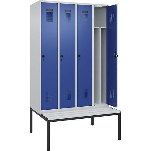 4068192357735 - Schwarz-Weiß-Spind Evolo PLUS Sitzbank schmal 4 Abteile Trennwand verkürzt lichtgrau   enzianblau B 1200 mm Sicherheits-Drehriegel mit untergebauter Sitzbank Kunststoff kaiserkraft
