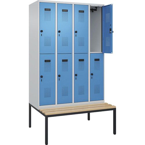 4068192156703 - Doppelstock-Spind Evolo PLUS Sitzbank 4 Abteile lichtgrau lichtblau B 1200 mm Sicherheits-Drehriegel mit untergebauter Sitzbank Buche kaiserkraft 4068192156703 - Doppelstock-Spind Evolo PLUS Sitzbank 4 Abteile lichtgrau lichtblau B 1200 mm Sicherheits-Drehriegel mit untergebauter Sitzbank Buche kaiserkraft