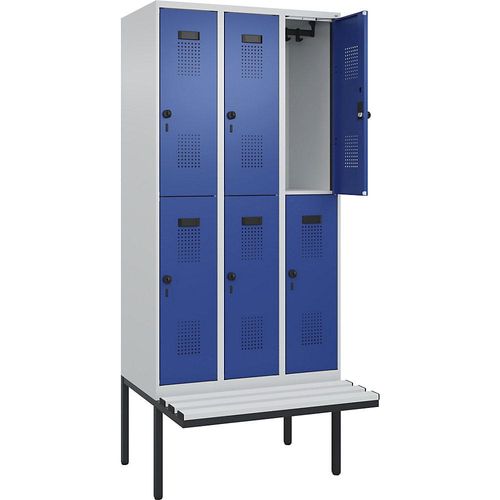4068192357438 - Doppelstock-Spind Evolo PLUS Sitzbank 3 Abteile lichtgrau enzianblau B 900 mm Sicherheits-Drehriegel mit auskragender Sitzbank Kunststoff kaiserkraft 4068192357438 - Doppelstock-Spind Evolo PLUS Sitzbank 3 Abteile lichtgrau enzianblau B 900 mm Sicherheits-Drehriegel mit auskragender Sitzbank Kunststoff kaiserkraft
