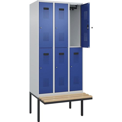 4068192261674 - Doppelstock-Spind Evolo PLUS Sitzbank 3 Abteile lichtgrau   enzianblau B 900 mm Zylinderschloss mit auskragender Sitzbank Buche kaiserkraft