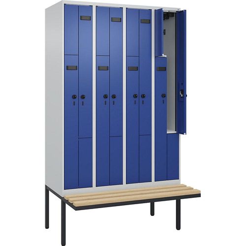 4068192924579 - Z-Spind Evolo PLUS Sitzbank 4 Abteile lichtgrau   enzianblau B 1200 mm Sicherheits-Drehriegel mit auskragender Sitzbank Buche kaiserkraft