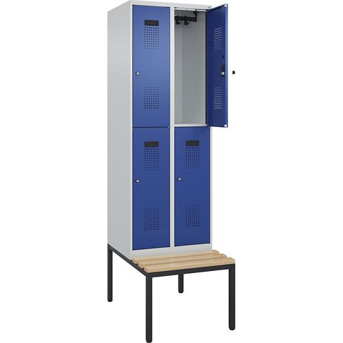 4068192261162 - Doppelstock-Spind Evolo PLUS Sitzbank 2 Abteile lichtgrau   enzianblau B 600 mm Zylinderschloss mit untergebauter Sitzbank Buche kaiserkraft