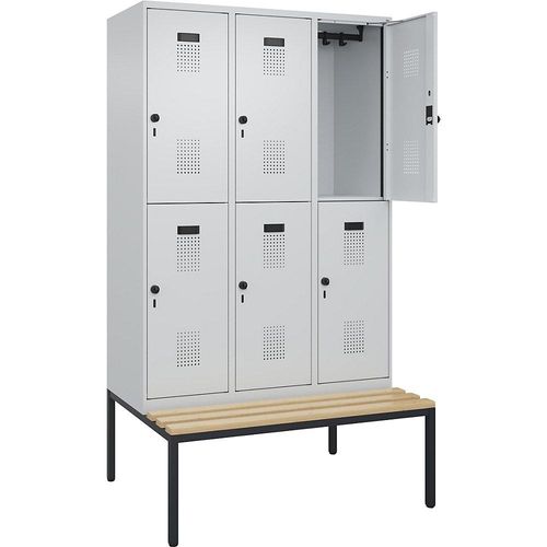 4068192196907 - Doppelstock-Spind Evolo PLUS Sitzbank 3 Abteile lichtgrau lichtgrau B 1200 mm Sicherheits-Drehriegel mit untergebauter Sitzbank Buche kaiserkraft 4068192196907 - Doppelstock-Spind Evolo PLUS Sitzbank 3 Abteile lichtgrau lichtgrau B 1200 mm Sicherheits-Drehriegel mit untergebauter Sitzbank Buche kaiserkraft