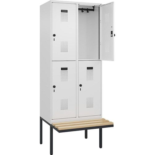 4068192218388 - Doppelstock-Spind Evolo PLUS Sitzbank 2 Abteile weiß B 800 mm Sicherheits-Drehriegel mit auskragender Sitzbank Buche kaiserkraft