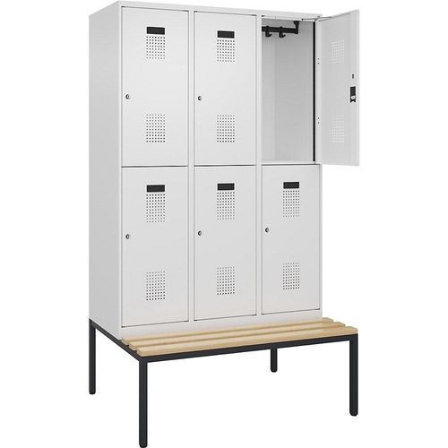 4068192302117 - Doppelstock-Spind Evolo PLUS Sitzbank 3 Abteile weiß B 1200 mm Zylinderschloss mit untergebauter Sitzbank Buche kaiserkraft