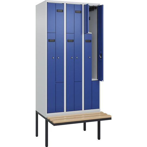 4068192972075 - Z-Spind Evolo PLUS Sitzbank 3 Abteile lichtgrau   enzianblau B 900 mm Zylinderschloss mit auskragender Sitzbank Buche kaiserkraft