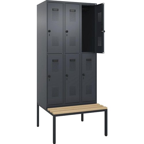 4068192200468 - Doppelstock-Spind Evolo PLUS Sitzbank 3 Abteile grau B 900 mm Sicherheits-Drehriegel mit untergebauter Sitzbank Buche kaiserkraft
