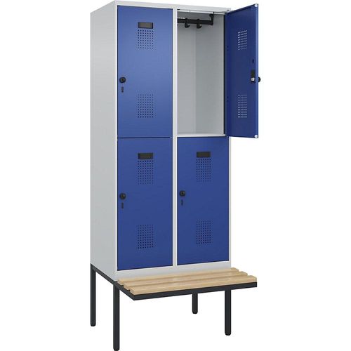 4068192155904 - Doppelstock-Spind Evolo PLUS Sitzbank 2 Abteile lichtgrau enzianblau B 800 mm Sicherheits-Drehriegel mit auskragender Sitzbank Buche kaiserkraft 4068192155904 - Doppelstock-Spind Evolo PLUS Sitzbank 2 Abteile lichtgrau enzianblau B 800 mm Sicherheits-Drehriegel mit auskragender Sitzbank Buche kaiserkraft