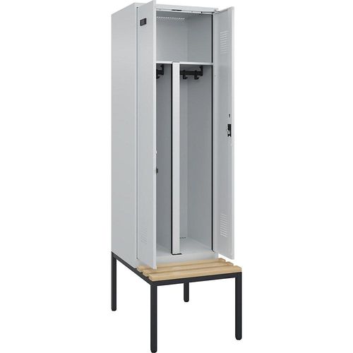 4068192283003 - Schwarz-Weiß-Spind Evolo PLUS Sitzbank 2 Abteile Trennwand verkürzt lichtgrau   lichtgrau B 600 mm Zylinderschloss mit untergebauter Sitzbank Buche kaiserkraft