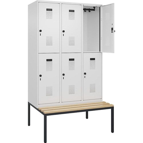 4068192217855 - Doppelstock-Spind Evolo PLUS Sitzbank 3 Abteile weiß B 1200 mm Sicherheits-Drehriegel mit untergebauter Sitzbank Buche kaiserkraft 4068192217855 - Doppelstock-Spind Evolo PLUS Sitzbank 3 Abteile weiß B 1200 mm Sicherheits-Drehriegel mit untergebauter Sitzbank Buche kaiserkraft