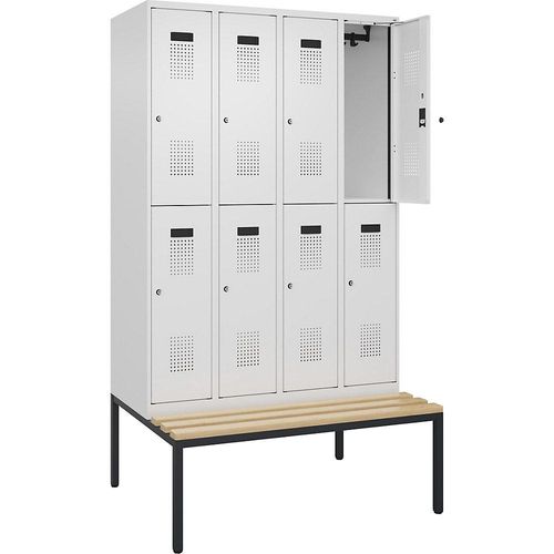 4068192302056 - Doppelstock-Spind Evolo PLUS Sitzbank 4 Abteile weiß B 1200 mm Zylinderschloss mit untergebauter Sitzbank Buche kaiserkraft