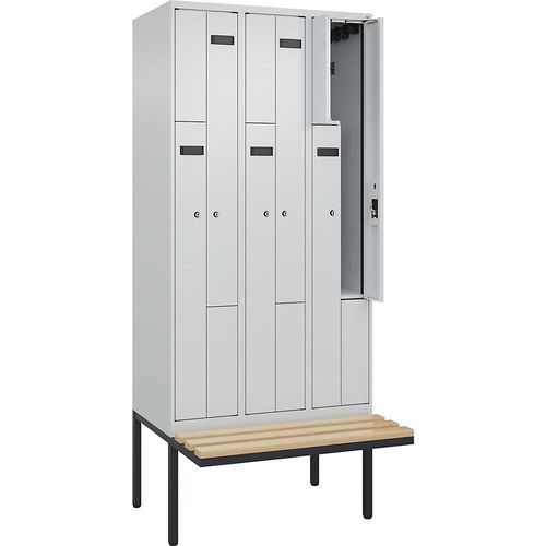 4068192976479 - Z-Spind Evolo PLUS Sitzbank 3 Abteile lichtgrau   lichtgrau B 900 mm Zylinderschloss mit auskragender Sitzbank Buche kaiserkraft