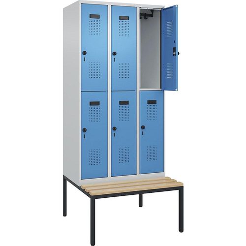 4068192156697 - Doppelstock-Spind Evolo PLUS Sitzbank 3 Abteile lichtgrau   lichtblau B 900 mm Sicherheits-Drehriegel mit untergebauter Sitzbank Buche kaiserkraft