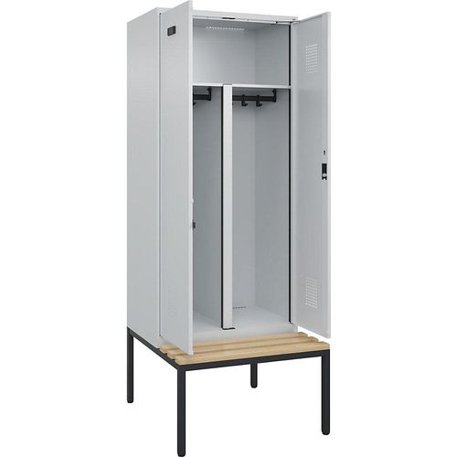 4068192283218 - Schwarz-Weiß-Spind Evolo PLUS Sitzbank 2 Abteile Trennwand verkürzt lichtgrau   lichtgrau B 800 mm Zylinderschloss mit untergebauter Sitzbank Buche kaiserkraft