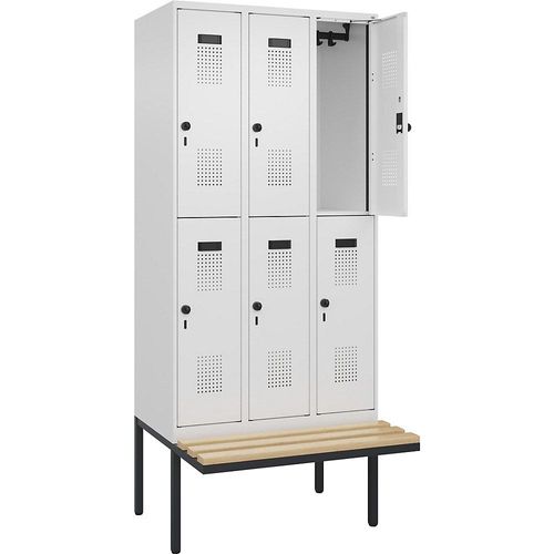 4068192218357 - Doppelstock-Spind Evolo PLUS Sitzbank 3 Abteile weiß B 900 mm Sicherheits-Drehriegel mit auskragender Sitzbank Buche kaiserkraft 4068192218357 - Doppelstock-Spind Evolo PLUS Sitzbank 3 Abteile weiß B 900 mm Sicherheits-Drehriegel mit auskragender Sitzbank Buche kaiserkraft