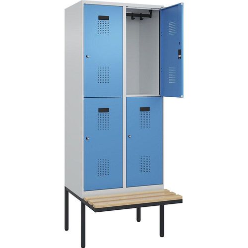 4068192263005 - Doppelstock-Spind Evolo PLUS Sitzbank 2 Abteile lichtgrau   lichtblau B 800 mm Zylinderschloss mit auskragender Sitzbank Buche kaiserkraft