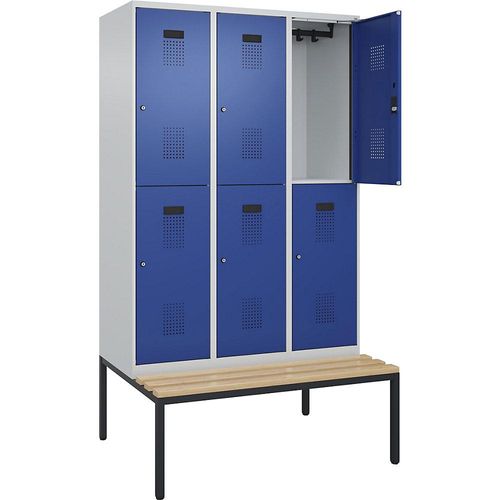 4068192261247 - Doppelstock-Spind Evolo PLUS Sitzbank 3 Abteile lichtgrau   enzianblau B 1200 mm Zylinderschloss mit untergebauter Sitzbank Buche kaiserkraft