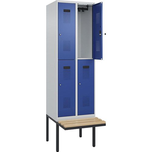 4068192261650 - Doppelstock-Spind Evolo PLUS Sitzbank 2 Abteile lichtgrau   enzianblau B 600 mm Zylinderschloss mit auskragender Sitzbank Buche kaiserkraft