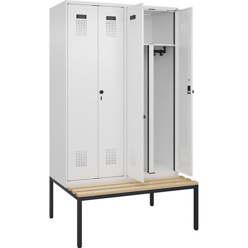 4068192218890 - Schwarz-Weiß-Spind Evolo PLUS Sitzbank 4 Abteile Trennwand verkürzt weiß B 1200 mm Sicherheits-Drehriegel mit untergebauter Sitzbank Buche kaiserkraft 4068192218890 - Schwarz-Weiß-Spind Evolo PLUS Sitzbank 4 Abteile Trennwand verkürzt weiß B 1200 mm Sicherheits-Drehriegel mit untergebauter Sitzbank Buche kaiserkraft